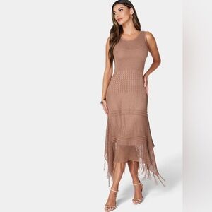 bebe Crochet Fringed Hem Sleeveless Brown Midi Dress Sz M